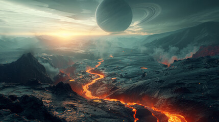 A dramatic sci-fi landscape depicting a volcanic terrain with flowing lava amidst rugged mountains under an alien sky