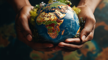Hands holding Earth model. Protecting Planet Together. Saving environment, clean planet, ecology...