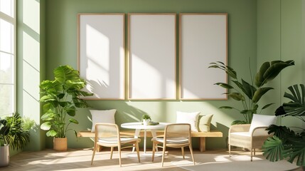 Minimalist interior design style Light green wall with three wooden frames above the dining table. White sofas and chairs all around. Furniture in the style of natural wood.ai generated. - obrazy, fototapety, plakaty