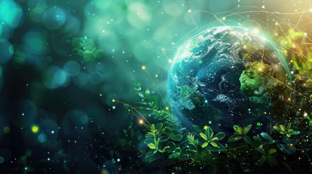 Abstract representation of our planet Earth,showcasing a harmonious fusion of nature and technology The vibrant green and blue hues symbolize the lush