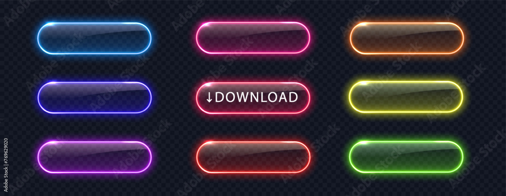 Poster glowing neon buttons for web design isolated on dark background. realistic light frame border collec