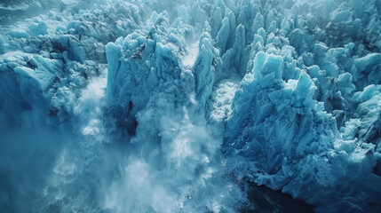 Aerial view of a rugged glacial landscape with jagged ice formations and melting glaciers surrounded by chilling waters.