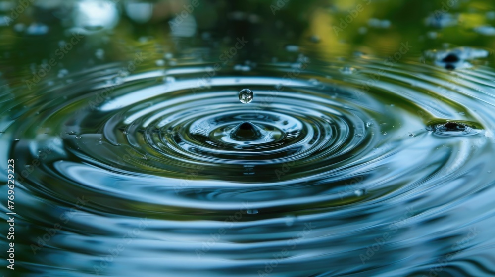 Poster captures the moment a single water droplet plunges into a still pond,creating a series of concentric