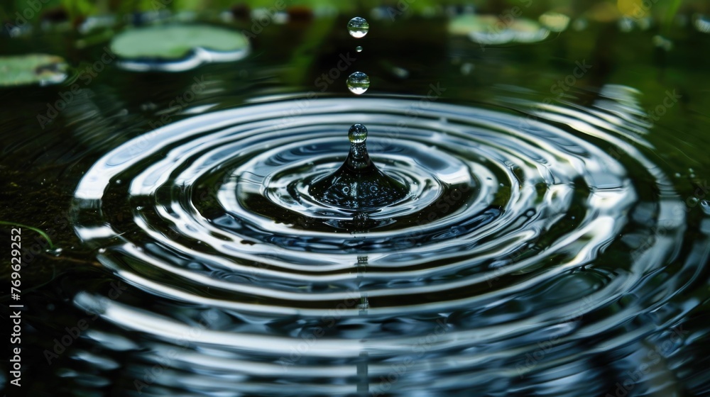 Poster captures the moment a single water droplet plunges into a still pond,creating a series of concentric