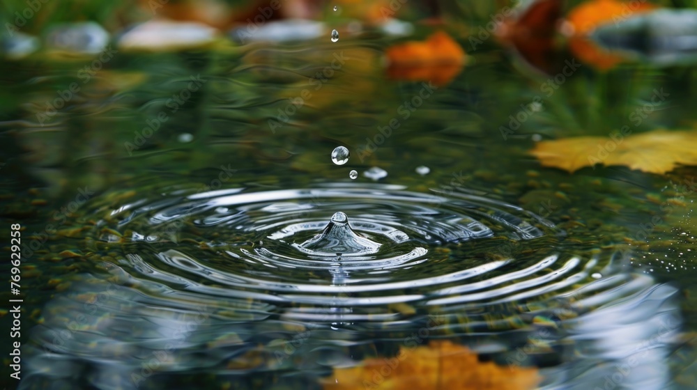 Poster captures the moment a single water droplet plunges into a still pond,creating a series of concentric