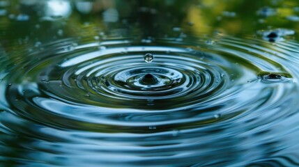 Naklejka na ściany i meble Captures the moment a single water droplet plunges into a still pond,creating a series of concentric ripples that spread across the surface The image serves as a powerful