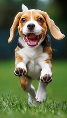 Happy beagle dog playing in lush green grass field, enjoying outdoor activities and running freely