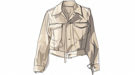 A cropped shirt jacket fashion sketch, illustrated in a flat technical drawing