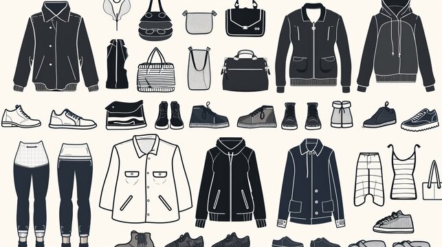 A collection of women's and men's clothing and accessories, showcased in vector icon outline illustrations for a fashion wardrobe