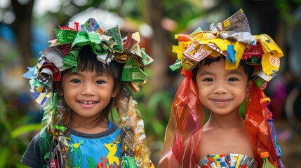 Group of joyful children wearing vibrant,creative costumes made from recycled materials,promoting the importance of sustainability,waste reduction,and environmental education