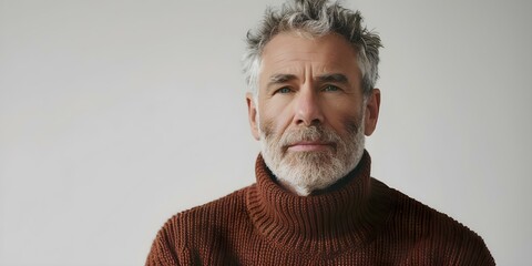 Middle-aged man suffering from GERD wearing a sweater in a group portrait on a white background. Concept Middle-aged Man, Group Portrait, GERD, Sweater, White Background - obrazy, fototapety, plakaty