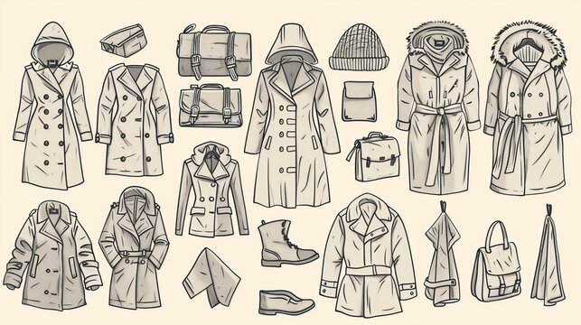 A doodle illustration featuring outerwear clothing icons, such as raincoats, windbreakers, peacoats, and more, drawn in thin line art with editable strokes