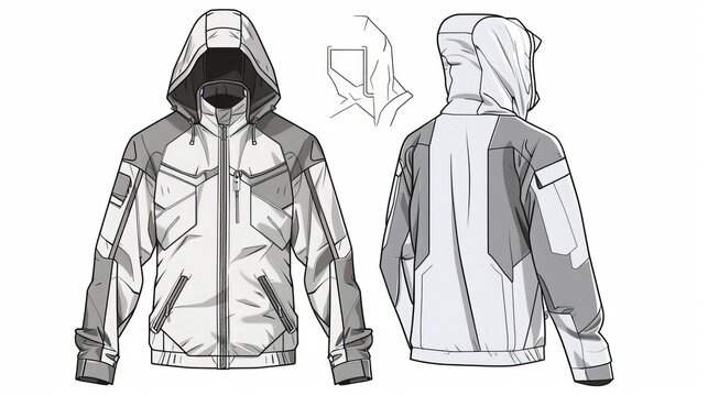 A fashion sketch of a men's hooded windbreaker jacket, presented as a flat technical drawing in vector format