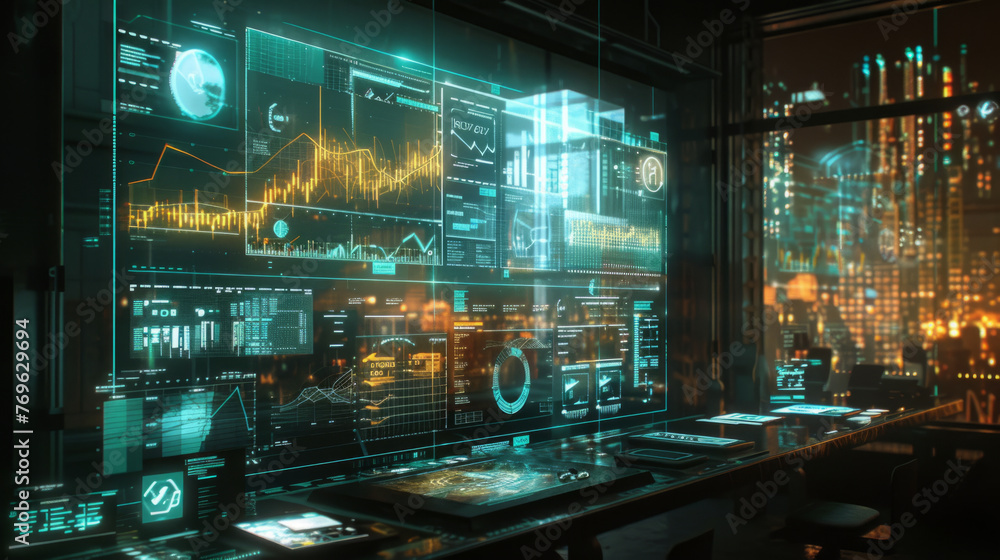 Poster futuristic control room with holographic displays showing graphs, data analytics, and diagrams. the 