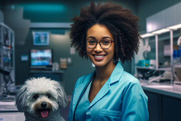 Veterinary nurse in blue scrubs with a small fluffy dog at a clinic, both looking at camera