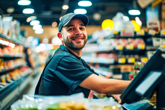 Friendly male grocery store worker in uniform smiling while working at the checkout counter