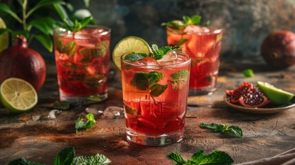 Refreshing pome cocktail garnished with freshly sliced lime and vibrant mint leaves on a summer afternoon