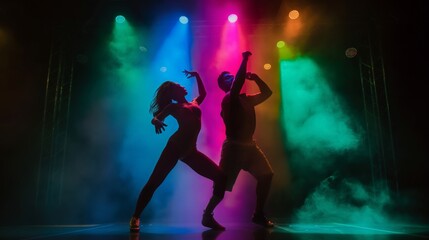 Silhouettes of two dancers in motion on stage with vibrant lighting and smoke effects.