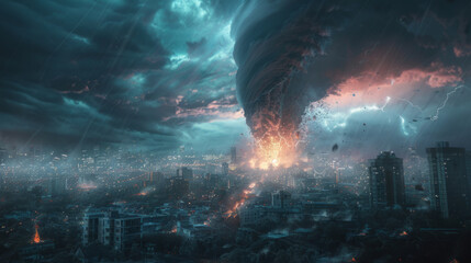 A digital artwork of a tornado hitting a cityscape at night with lighting illuminating the stormy sky and debris being pulled into the swirling vortex. - obrazy, fototapety, plakaty