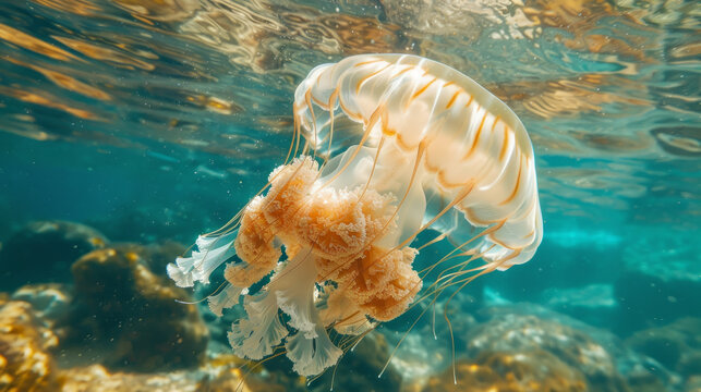 A stunning jellyfish is captured gracefully floating under the shimmering surface of the ocean, exhibiting its translucent body and trailing tentacles amidst the underwater glow.