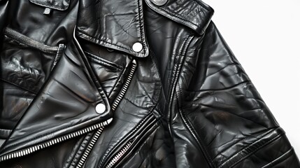 A men's black leather jacket, isolated on a white background for clear presentation