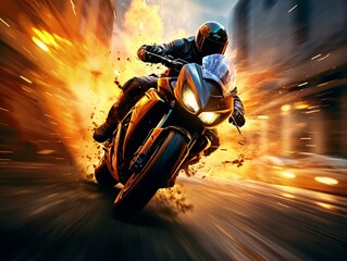 a man riding a motorcycle on fire