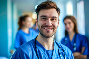 Friendly male nurse smiling in a clinical setting with colleagues in the background - obrazy, fototapety, plakaty