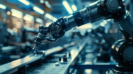 An industrial robot arm engaged in manufacturing within a factory setting, showcasing advanced automation technology. - obrazy, fototapety, plakaty