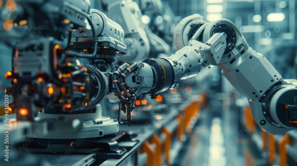 Poster a close-up view of two robotic arms with intricate designs, featuring glowing elements that highligh