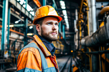 A male worker wearing a safety helmet and goggles looks on seriously in an industrial site setting - obrazy, fototapety, plakaty