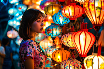 Fototapeta na wymiar Festive lanterns illuminated in vibrant colors with blurred face of a woman enjoying the lantern festival