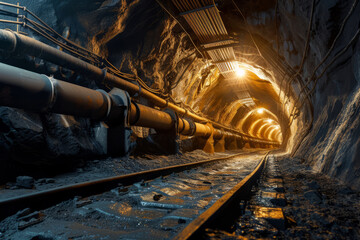 An underground tunnel with tracks for the removal of coal or other minerals mined underground
 - obrazy, fototapety, plakaty
