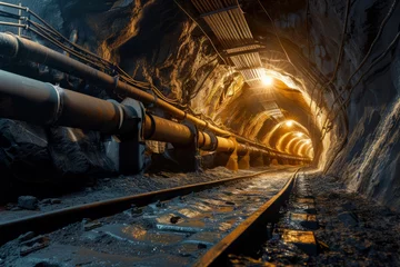 Zelfklevend Fotobehang An underground tunnel with tracks for the removal of coal or other minerals mined underground  © Ivan