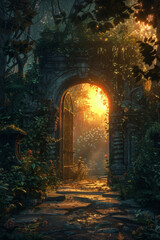 A mystical garden gate enveloped by lush greenery basks in the warm glow of a sunset, creating an enchanting ambiance. - obrazy, fototapety, plakaty