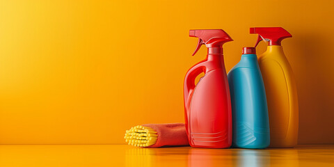 A set of cleaning supplies for various surfaces, presented with space for text or logo, catering to cleaning services