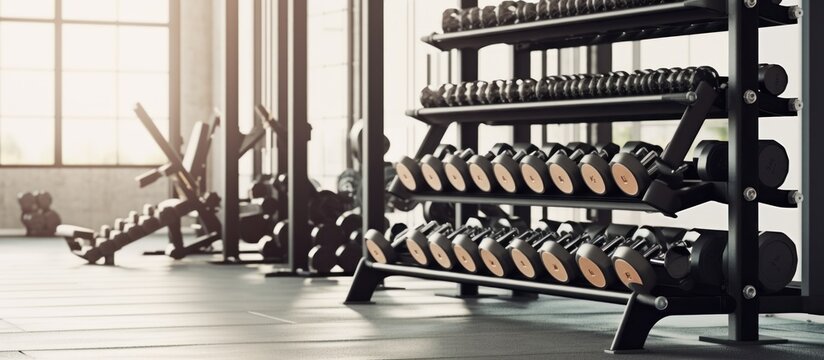 Sports equipment in the gym room. Barbells with different weights on a rack.AI generated image