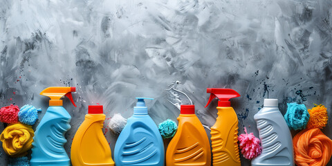A set of cleaning supplies for various surfaces, presented with space for text or logo, catering to cleaning services