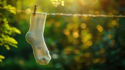 A single white sock hanging on a clothesline bathed in the warm glow of sunlight filtering through green foliage.