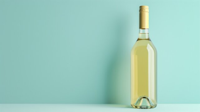 A single clear wine bottle with white against a pastel blue background its shadow visible.