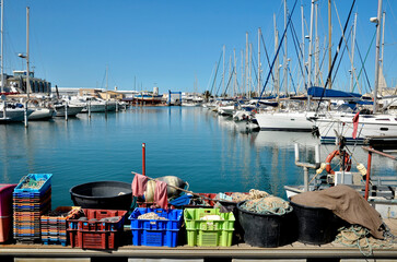 Fishing port of Canet-en-Roussillon, commune on the côte vermeille in the Pyrénées-Orientales department, Languedoc-Roussillon region, in southern France.