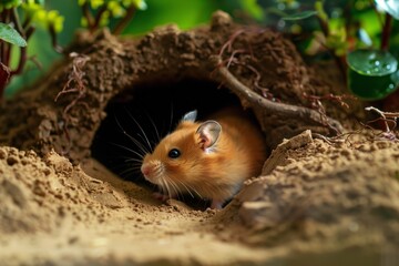 hamster exploring a burrow in a habitat enclosure