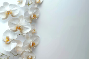 Obraz na płótnie Canvas White orchids isolated on light gray background with space for text or inscriptions top view 