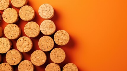 Wine corks lined up neatly against an orange background, creating a textured pattern.
