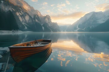 Lone rowboat drifting on a serene mountain lake at sunrise.
 - obrazy, fototapety, plakaty