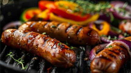 Delicious assortment of sausages and merguez sizzling on a barbecue grill at a vibrant summer party - obrazy, fototapety, plakaty