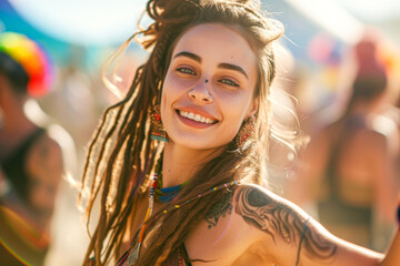 Fototapeta premium Close-up shot of a smiling woman with dreadlocks and tattoos enjoying herself at a sunny outdoor festival
