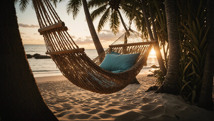 Tranquil Beach Hammock at Sunset Amongst Palm Trees