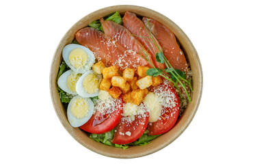 Plate of Smoked Salmon Caesar Salad with sliced boiled eggs and bread