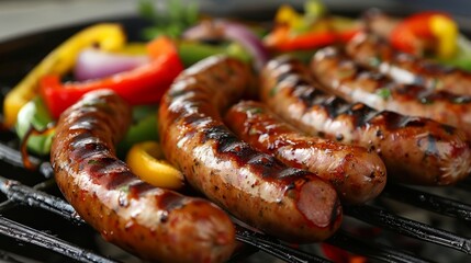 Delicious assortment of sausages and merguez sizzling on a barbecue grill at a vibrant summer party - obrazy, fototapety, plakaty