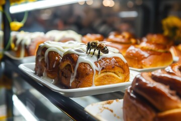 bee resting on the icing of a cinnamon bun on a bakery display